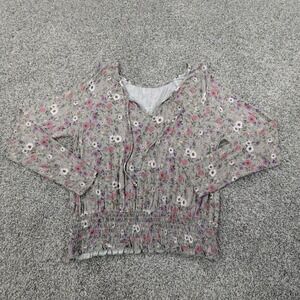 American Eagle Shirt Womens M Gray Floral Long Sleeve Casual Preppy Tie Blouse